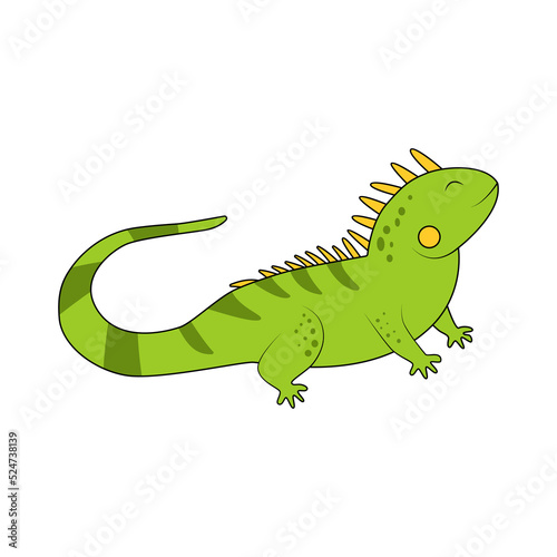 Cute cartoon Iguana. I letter for Iguana. Vector illustration of a flat isolated on a white background. The design element of t-shirts, home textiles, wrapping paper, textiles, and flashcards.