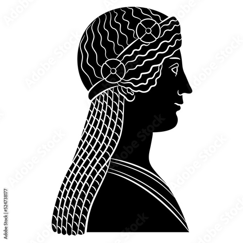 Goddess Isis from Pompeii. Roman Egyptian goddess. Female portrait. Profile of a beautiful antique woman. Black and white negative silhouette.