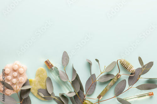 Banner with eucalyptus branches on a blue pastel background. Place for text. © gitusik