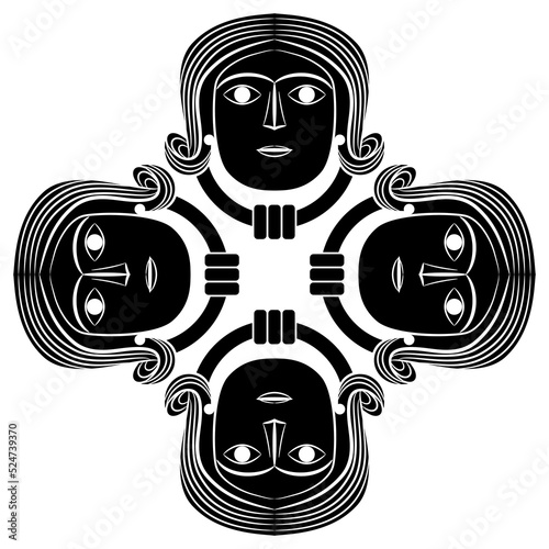 Square ethnic design with four masks of Celtic goddess wearing torc. Black and white silhouette.