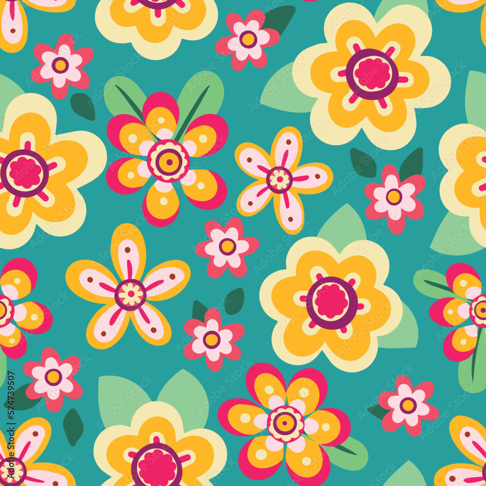 Seamless floral pattern with decorative flowers in retro style. Cute ditsy print, hippie botanical background with summer meadow, small flowers, leaves on blue field. Vector illustration.