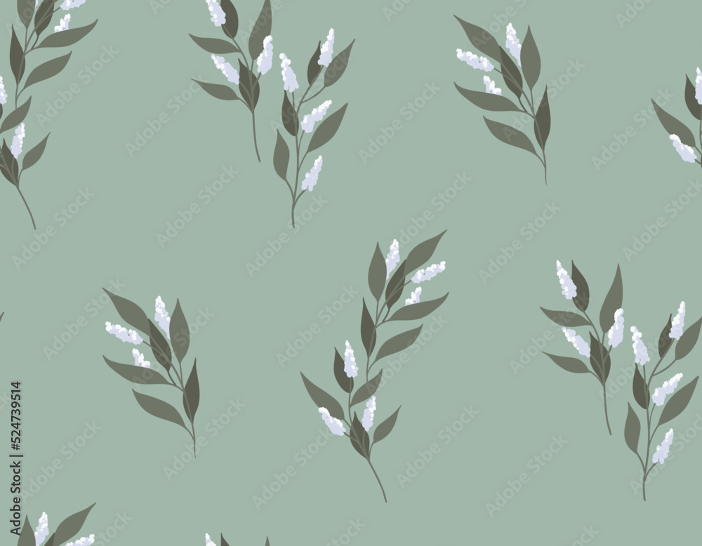 Naklejka premium Seamless floral pattern, winter botanical print in hand drawn wild plants. Surface design with small blooming twigs, leaves on a blue background. Vector illustration.