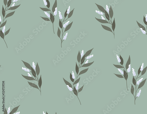 Seamless floral pattern, winter botanical print in hand drawn wild plants. Surface design with small blooming twigs, leaves on a blue background. Vector illustration.