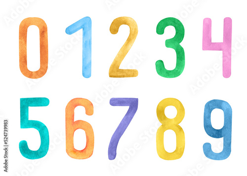 Set of color numbers. Watercolor zero one two three four five six seven eight nine. Illustration Isolated on white.