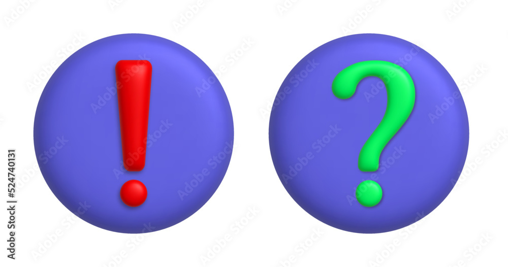 Exclamatory and interrogative mark. 3d icons on purple round button. 3d vector realistic design element. Exclamatory and interrogative mark. 3d icons on purple round button. 3d vector realistic design element.