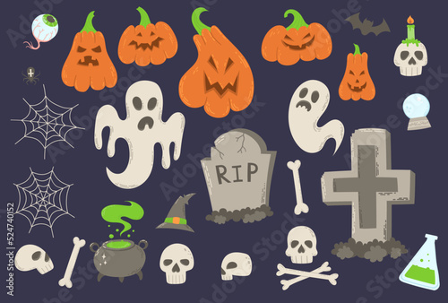Symbolic halloween holiday scary objects set vector illustration. Pumpkins, ghosts, skulls, bones, cauldron, tombstones, bat, spider, eyeball, web, crystal ball, potion, hat, candle