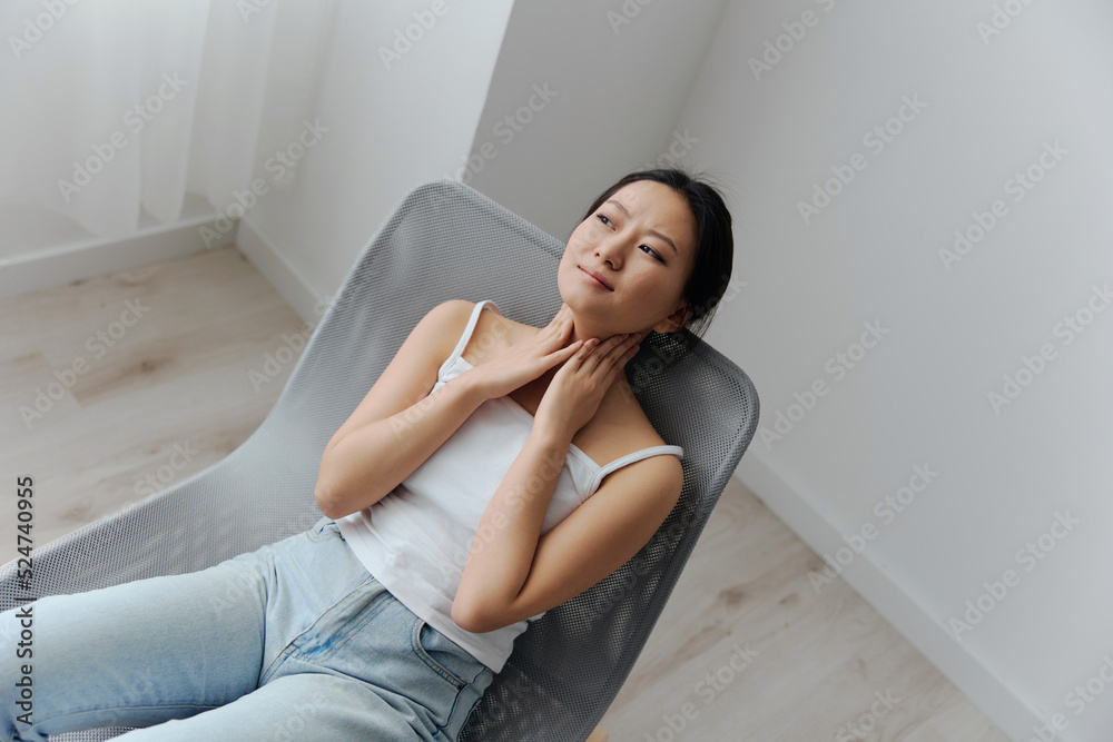 Cough Tickling. Top view of suffering crying tanned beautiful young