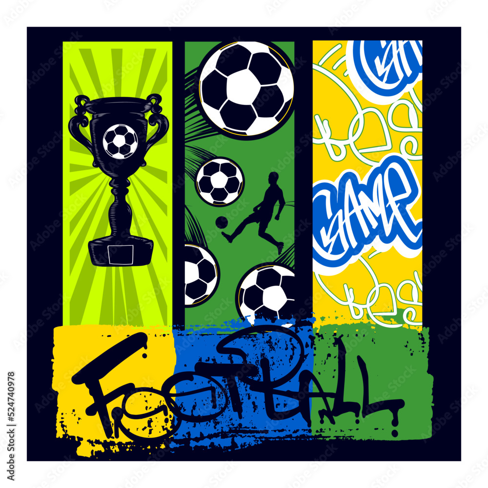 Fototapeta premium Colorful football poster with player footballer silhouette, soccer ball illustration, winner cup. Sport print with text Best game Football drawing in graffiti street art style.