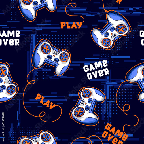 Abstract seamless gamepads pattern. Game pads repeat print on digital technology endless background. Text Game over, Play. Digitally repeated wallpaper for boy clothes, sport textile, wrapping paper