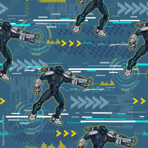 Abstract seamless robot pattern on digital blue background with arrows and chequered flag. Robotic warrior repeat print. photo