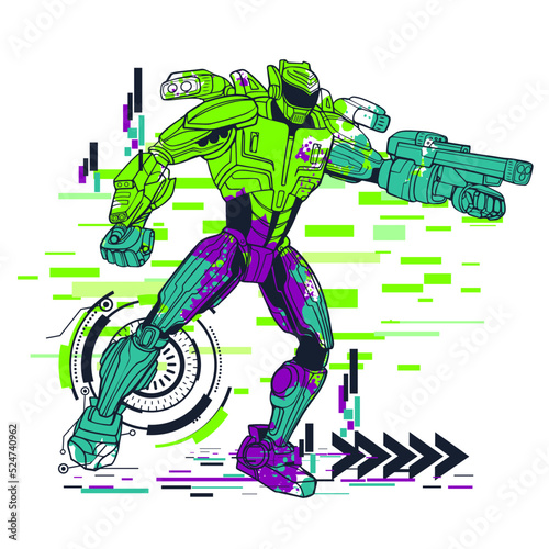 Robot cyborg illustration with digital background. Neon linear robotically men character. Cyborg warrior with weapon hand.