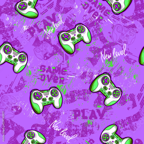 Abstract seamless gamepads pattern. Game pads repeat print on digital purple endless background. Digital Text Game over, Play. Gaming repeated wallpaper for boy clothes, sport textile, wrapping paper