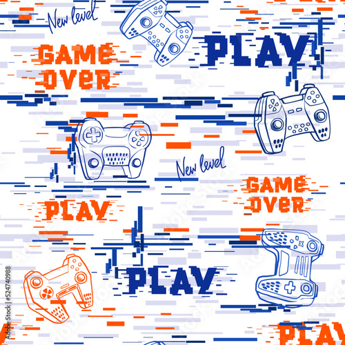 Abstract seamless gamepads pattern. Game pads repeat print on digital technology endless background. Text Game over, Play. Digitally repeated wallpaper for boy clothes, sport textile, wrapping paper