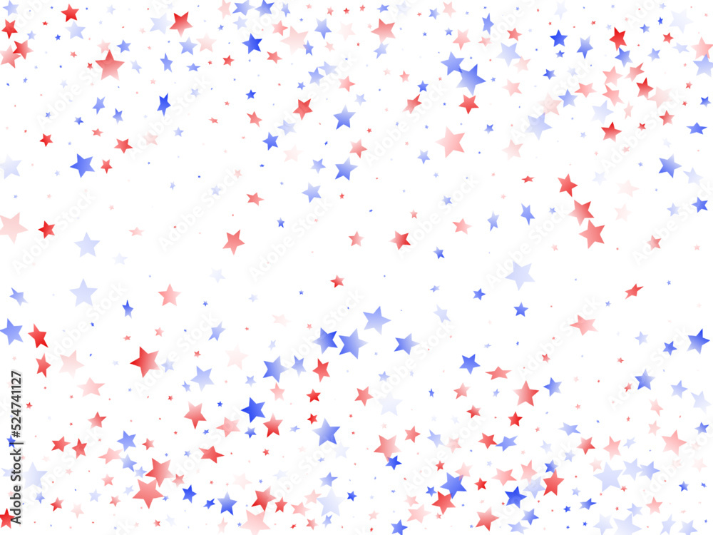 Flying red blue white star sparkles on white vector american patriotic background.