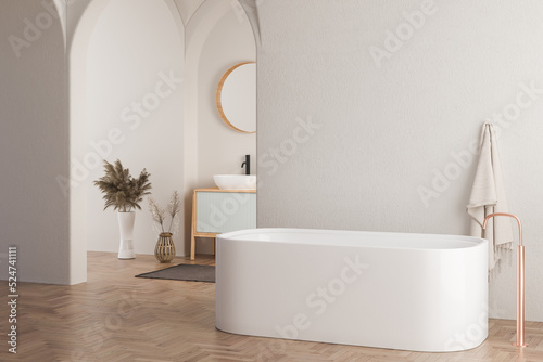 Interior of minimal bathroom with white walls  wooden floor  bathtub  dry plants  white sink standing on wooden countertop and a oval mirror hanging above it. 3d rendering