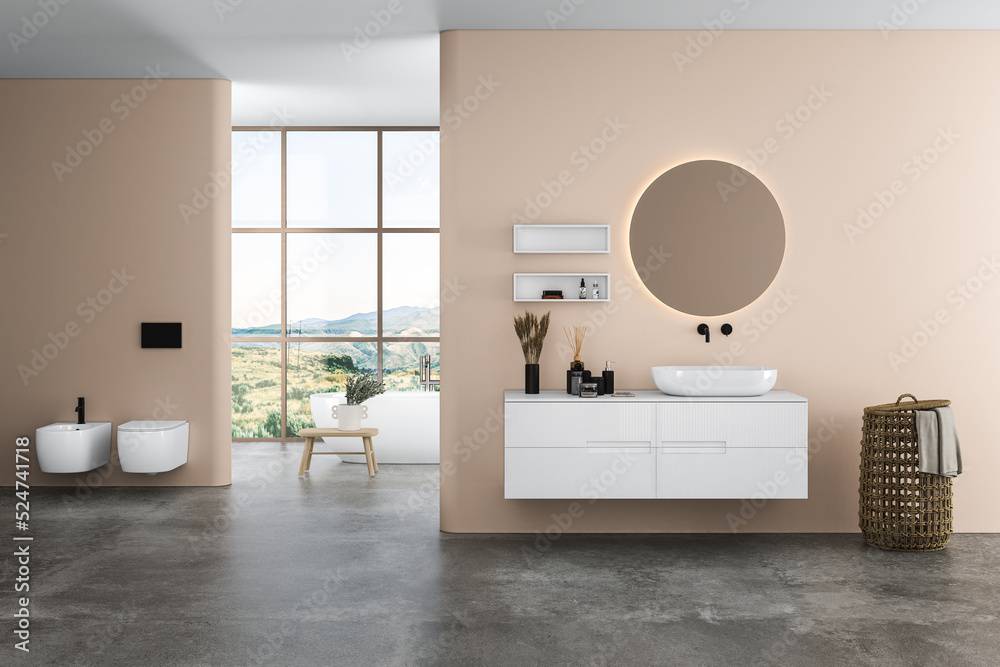 Modern bathroom interior with beige walls, ceramic basin with oval ...