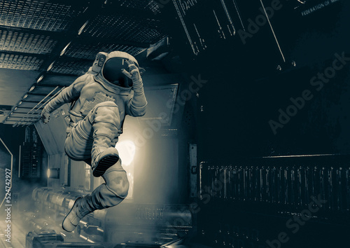 Photographie astronaut is jumping on the corridor in sci-fi spaceship background with copy sp