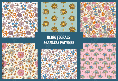 Groovy flowers seamless pattern collection. Trendy floral background set of vintage 70s style flower illustration. Flat Design, Hippie Aesthetic. Vector Illustration