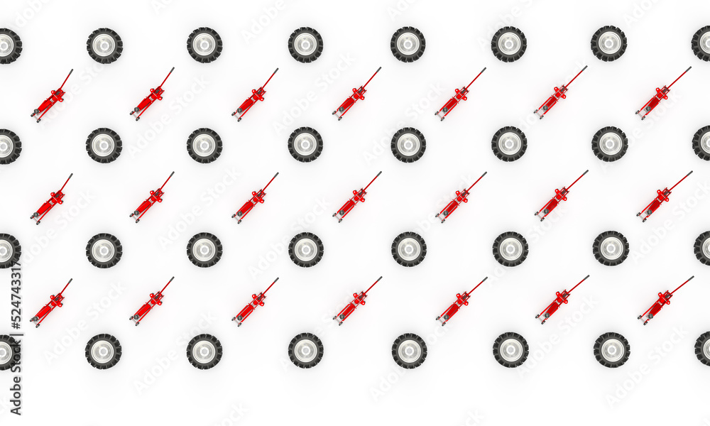The red jack and the car wheels of the SUV. 3d rendering on the topic of auto parts, tire repair, tires. Pattern on a white background. The red jack and the car wheels of the SUV. 3d rendering on the topic of auto parts, tire repair, tires. Pattern on a white background.
