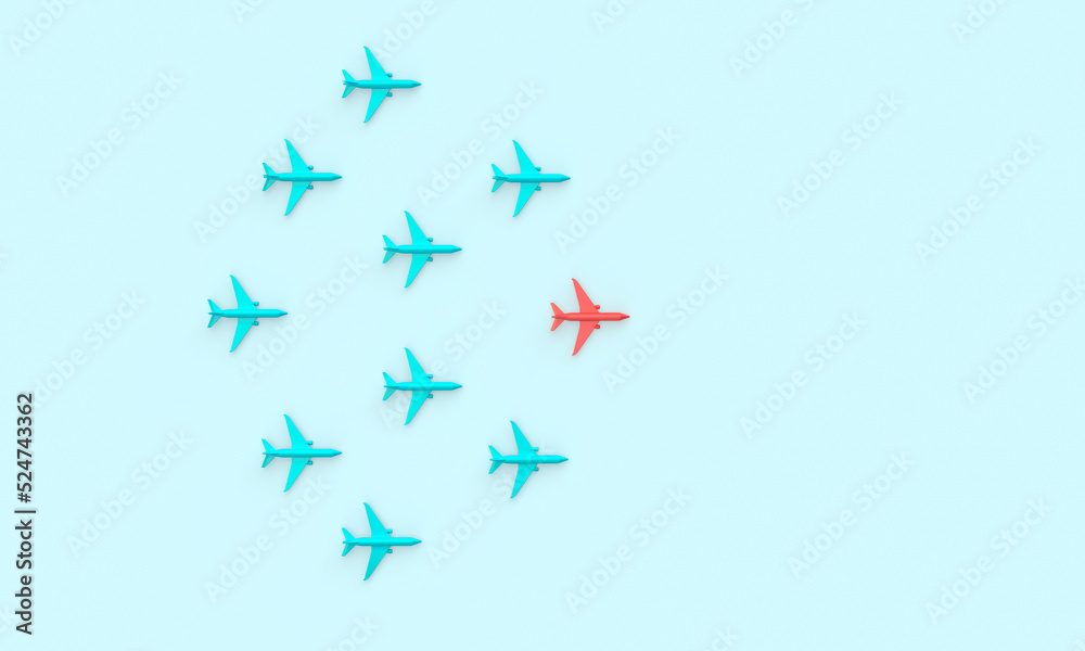 The pattern of red and blue planes. Planes fly in the air, turns, formation. 3d rendering on the topic of aviation, flights, travel. Modern minimal style.