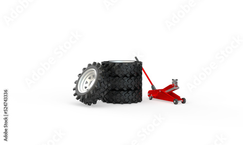 Fototapeta Naklejka Na Ścianę i Meble -  The red jack and the car wheels of the SUV. 3d rendering on the topic of auto parts, tire repair, tires.