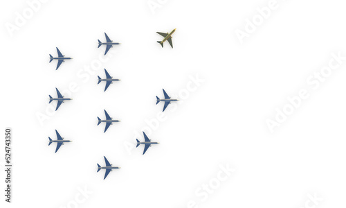 The pattern of gold and silver planes. Jet flying in the air  turns  formation. 3d rendering on the topic of aviation  flights  travel. Modern minimal style.