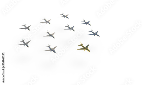 The pattern of gold and silver planes. Jet flying in the air, turns, formation. 3d rendering on the topic of aviation, flights, travel. Modern minimal style. © Romafa