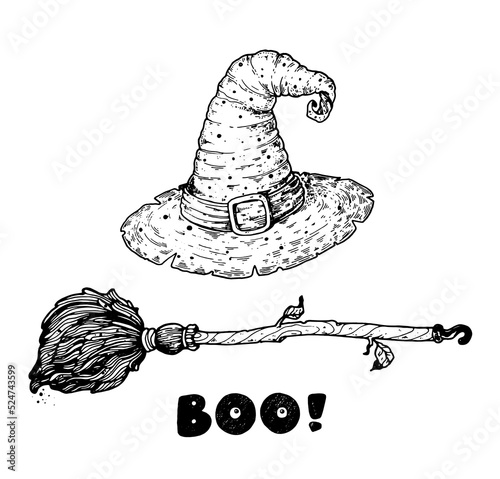 Happy Halloween. Witch hat and magic broom sketch. Hand drawn vector illustration. Design element. Vintage design for the holiday Halloween.