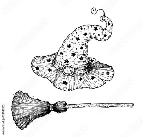 Happy Halloween. Witch hat and magic broom sketch. Hand drawn vector illustration. Design element. Vintage design for the holiday Halloween.