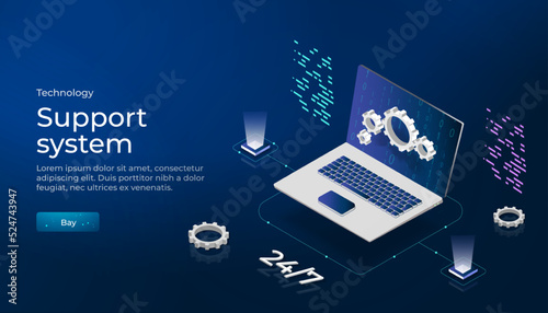 Technical support system. Remote access and control of a desktop computer or laptop via an Internet connection. software development. Abstract vector in isometric style with wireframe.