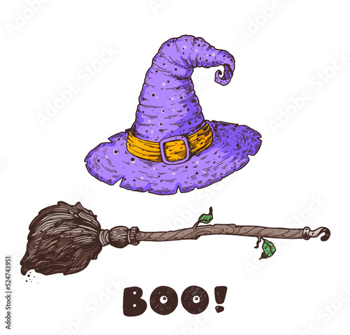 Happy Halloween. Witch hat and magic broom. Hand drawn vector illustration. Design element. Vintage design for the holiday Halloween.