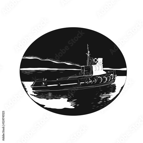 River Tugboat Oval Woodcut photo