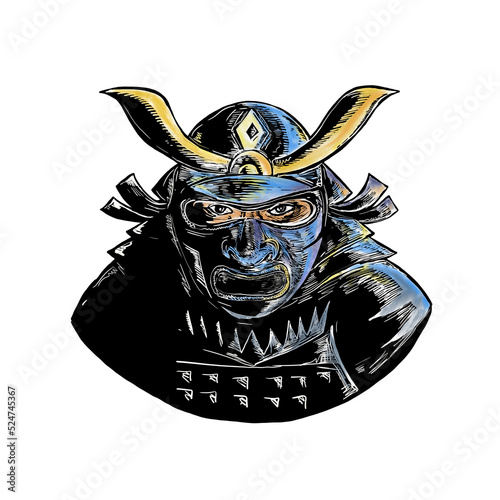 Samurai Wearing Armor Mask Mempo Woodcut photo