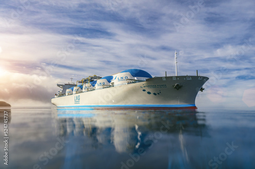 LNG - Liquified natural gas tanker with gas tanks powered with h2 hydrogen engines on the ocean, deliver LNG