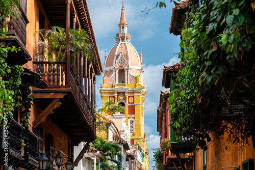 colorful street of cartagena de indias old town, colombia photo