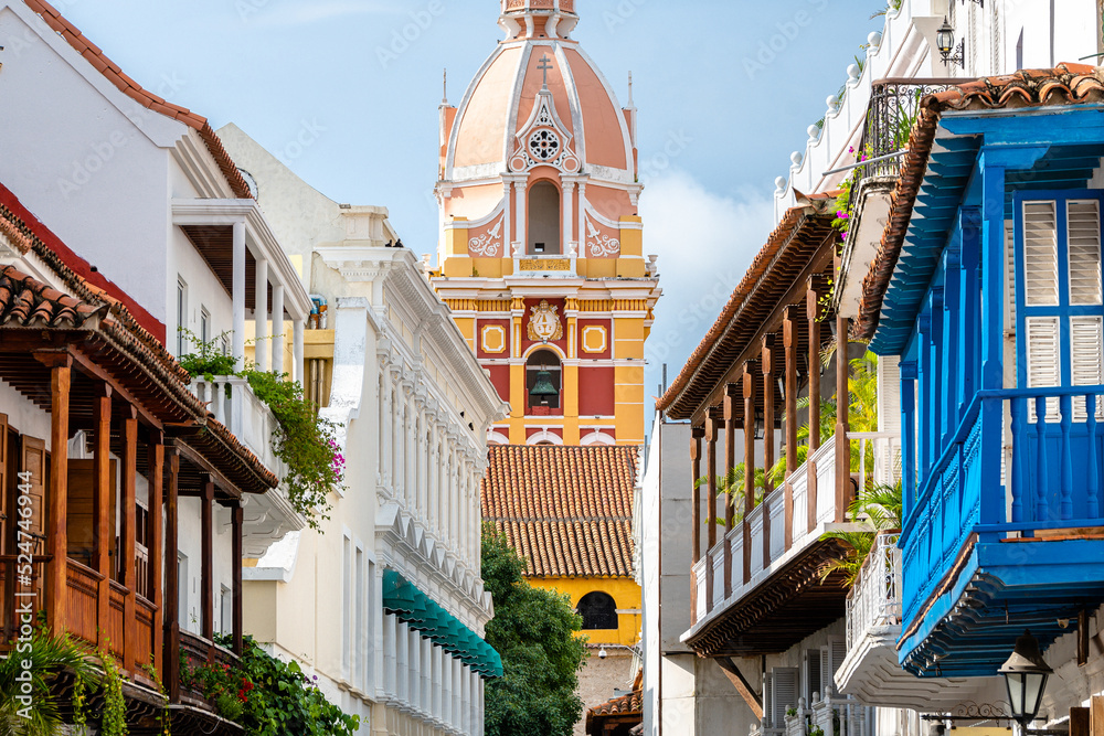 colorful street of cartagena de indias old town, colombia