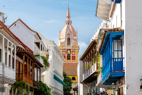 colorful street of cartagena de indias old town, colombia photo