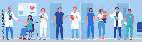 Medical workers, doctors and nurses treat patients in a hospital. Character design of medical workers