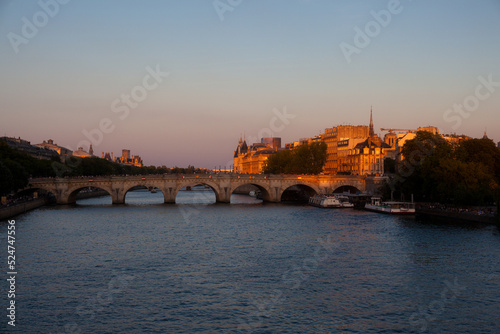 River Seine and the Pont Neuf at sunny summer sunset, Paris