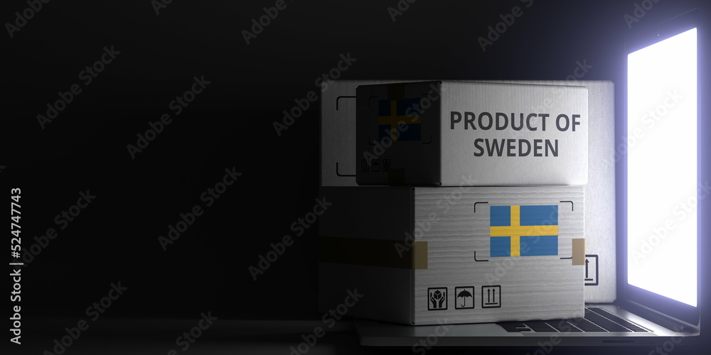 Cartons with PRODUCT OF SWEDEN text and flag on the laptop, black background. 3D rendering Cartons with PRODUCT OF SWEDEN text and flag on the laptop, black background. 3D rendering