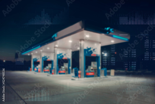 Gas station with fuel dispensers on technological background. Graph of rising prices for gasoline and fuel. Rising fuel prices and the global crisis.