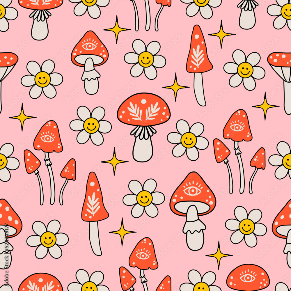 Retro 70s 60s groovy floral hippie mushrooms flower power vector seamless  pattern. Boho retro fly agaric mushrooms, vintage daisy and stars. Fun  texture for surface design, wallpaper, paper, textile Stock Vector