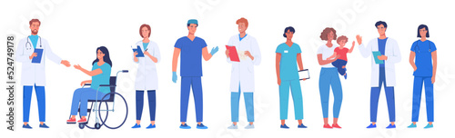 Medical workers, doctors and nurses treat patients. Character design of medical workers