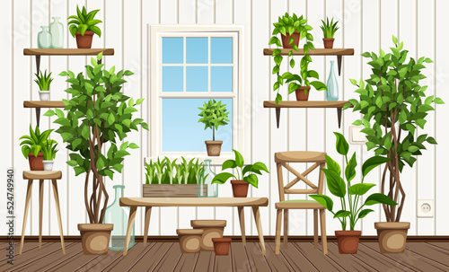 Room interior with lots of plants. Green houseplants in interior. Urban jungle interior design. Vector illustration