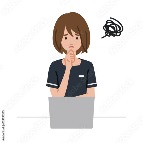 デスクで座ってPCを開いて困っているエステ店員・受付・接客係の女性