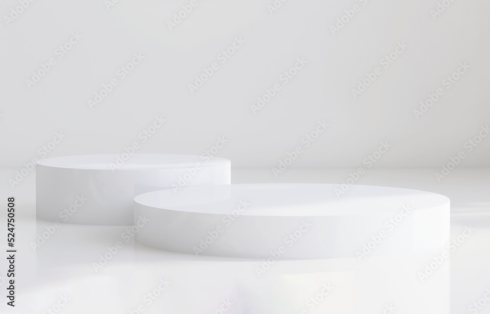 Realistic 3D render blank empty pairs of white cylinder podiums for products display background with beautiful sunlight, Presentation, templates, Platform, Showcase, Stage, Stand, Mock up, Backdrop. Realistic 3D render blank empty pairs of white cylinder podiums for products display background with beautiful sunlight, Presentation, templates, Platform, Showcase, Stage, Stand, Mock up, Backdrop.