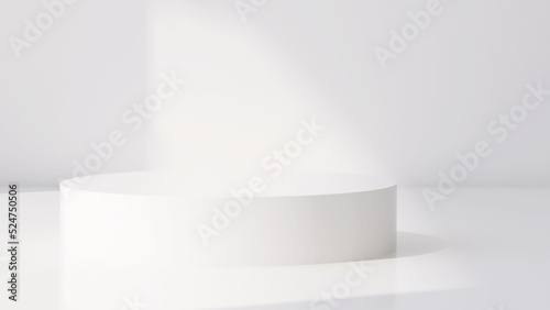 3D render blank empty white acrylic cylinder podium for products display background with sunlight. Pedestal, Presentation templates, Round, Shiny surface, Platform, Showcase, Stage, Stand, Hygiene.