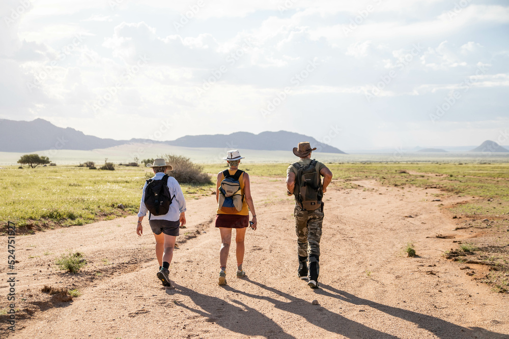 hikers in the namibia desert towards the mountains hikers in the namibia desert towards the mountains