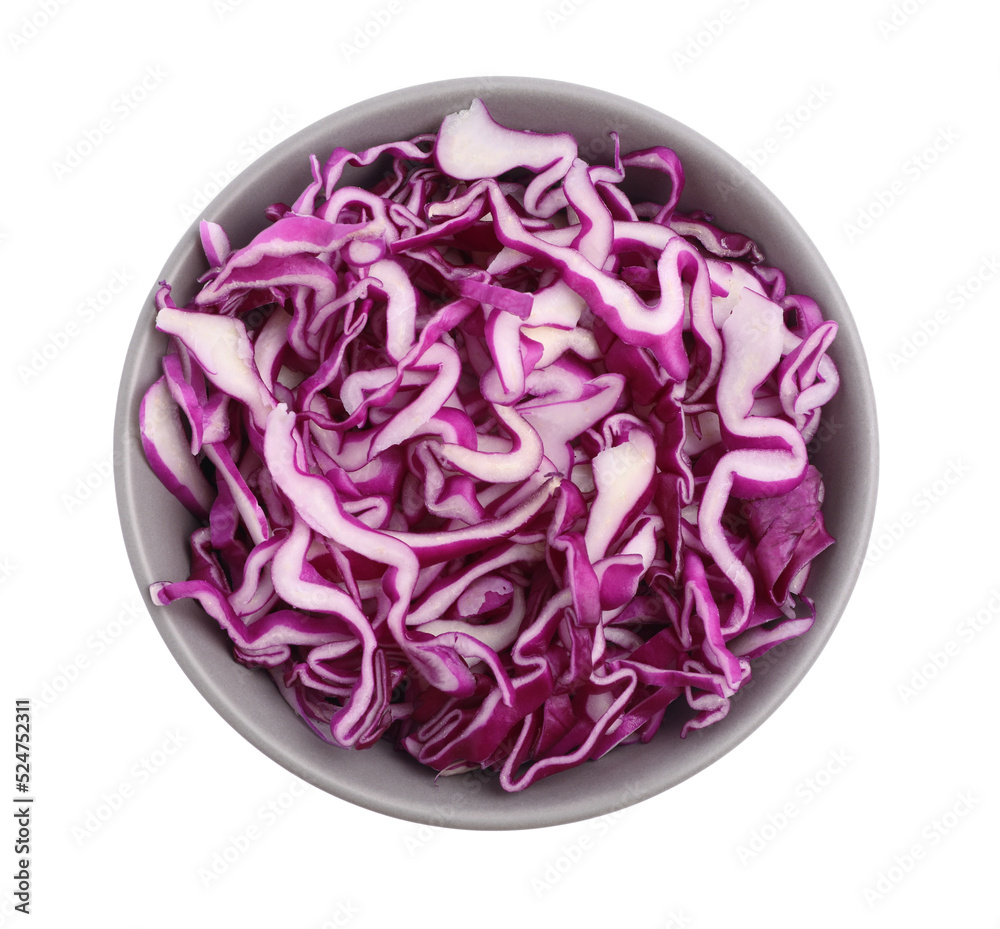 Obraz premium Bowl with shredded fresh red cabbage isolated on white, top view