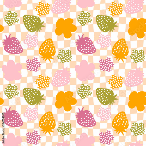 Psychedelic seamless pattern with strawberries and spotted flowers. Retro summer print for fabric, paper, T-shirt in 1970s style. Trippy grid distorted background for decor and design. © Anna